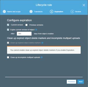 The Lifecycle Rule screen allows you to configure object expiration.